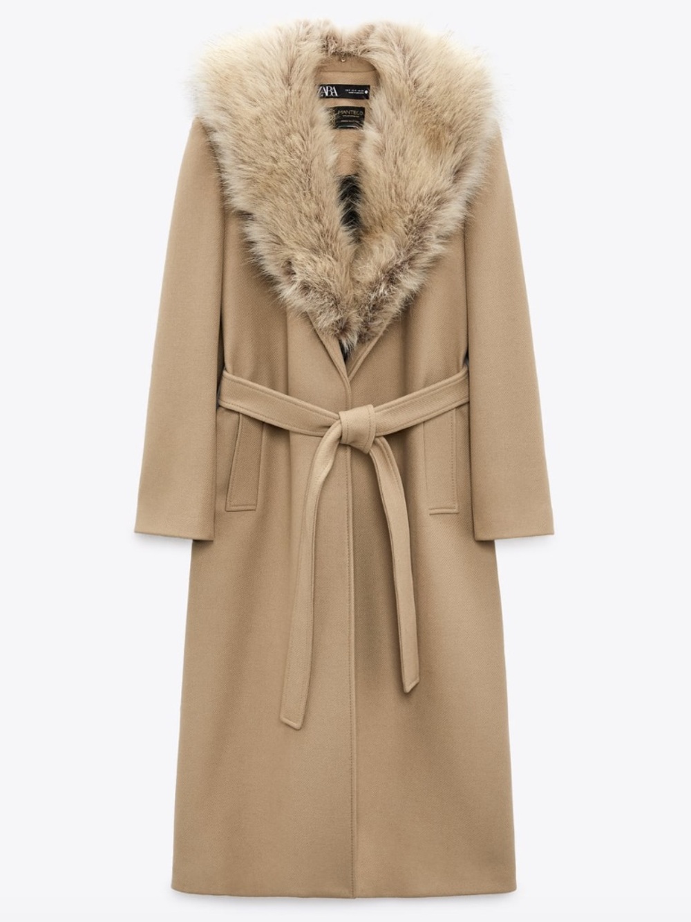 Zara Camel Belted Wool Coat with Faux-Fur Collar